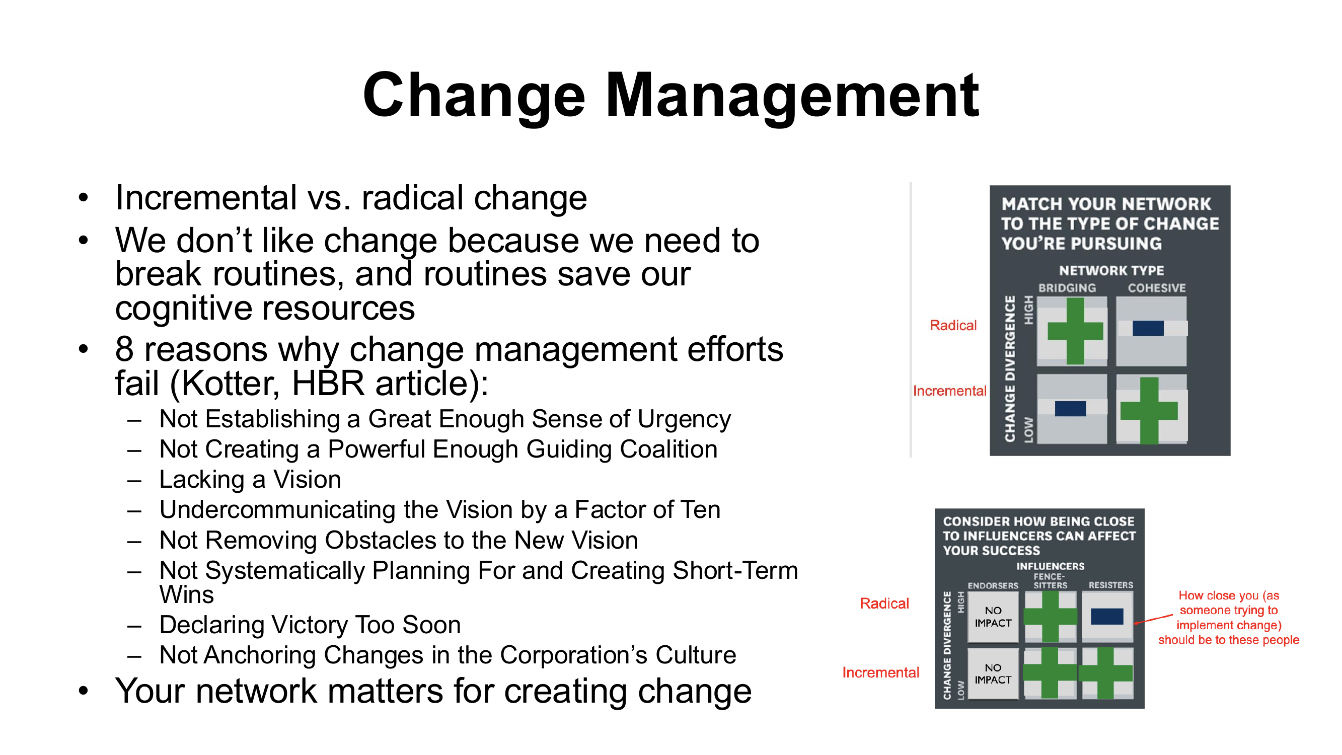 Change Management: Kotter's 8 Reasons and Network Types